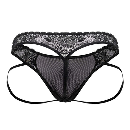 Black lace thong candyMan 99747 with floral pattern and mesh fabric in black shown from the back side