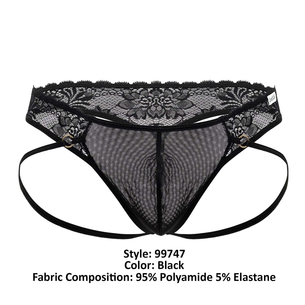 Black candyMan 99747 lace thong with lace trim mesh material adjustable side straps and central seam visible