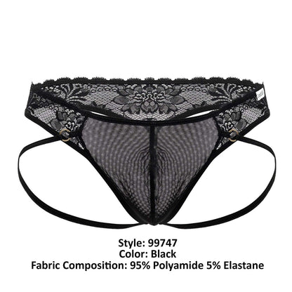 Black candyMan 99747 lace thong with lace trim mesh material adjustable side straps and central seam visible