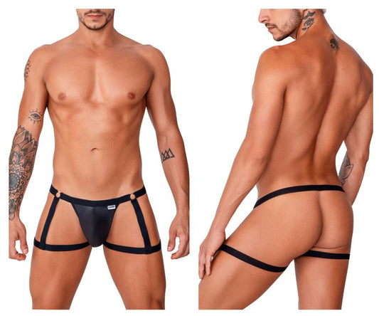 Black leather thong garter jockstrap with adjustable side straps and gold-tone hardware by candyman
