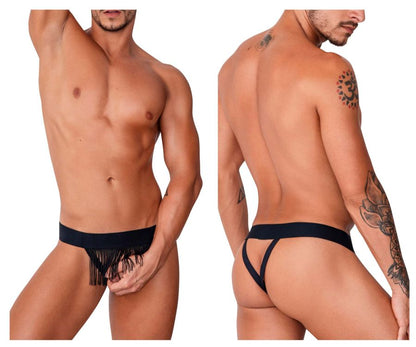 Black CandyMan 99755 fringe thong with wide waistband and supportive side straps for comfortable wear