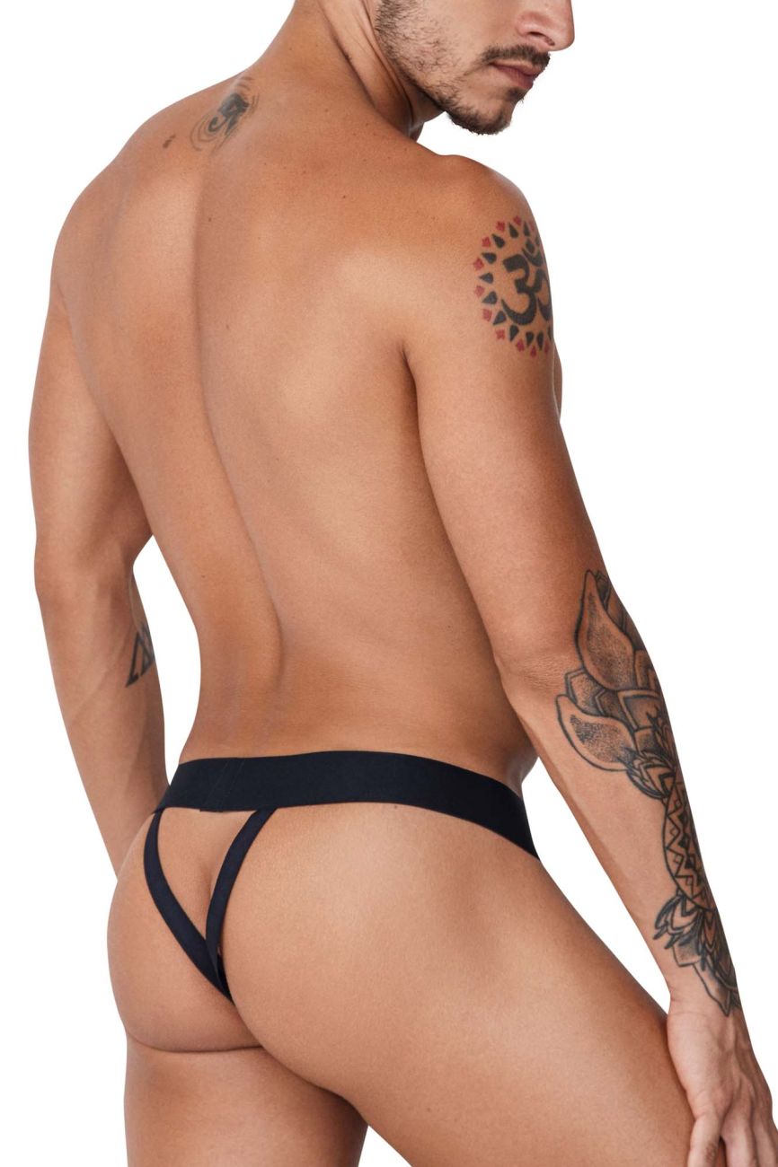 Black sleek minimalist CandyMan 99755 fringe thong with smooth fabric finish showing front side