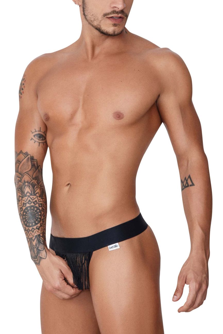 Black CandyMan 99755 fringe thongs with sleek minimalist design featuring black fringed briefs in front view