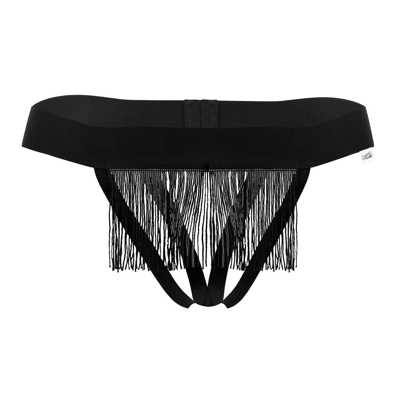 Black fringed thong with wide waistband and multiple straps by candyman shown from the back side