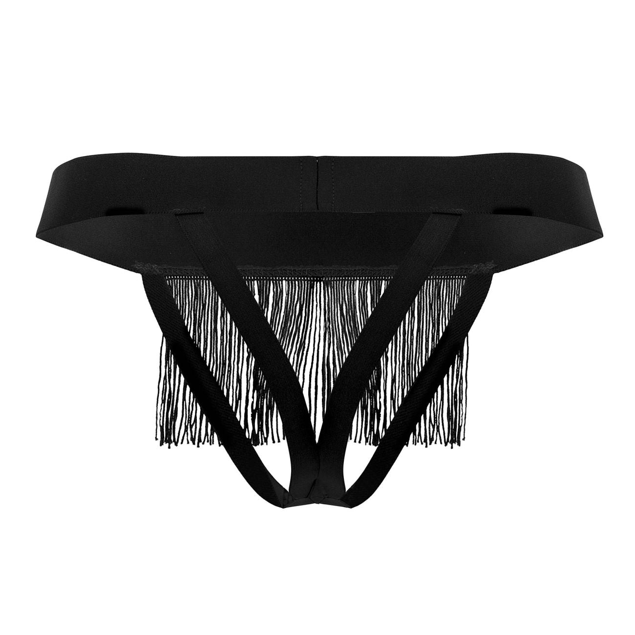 Black fringed thong by candyman 99755 with wide smooth waistband and three intersecting straps shown from the back