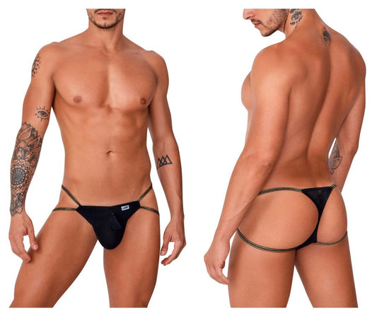 Black mesh thong with gold trim and brand tag front by candyman 99756 fringe thongs in black