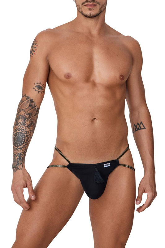 Black CandyMan 99756 fringe thong with gold trim and front tassel designed for stylish lingerie wear
