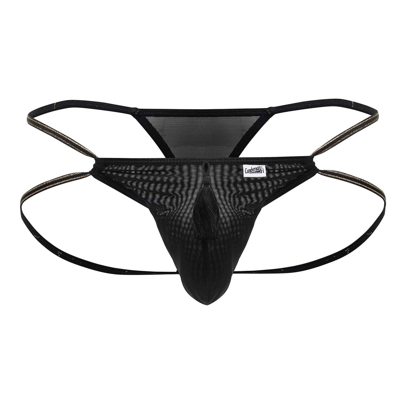 Black mesh thong candyMan 99756 fringe thong with reinforced elastic straps and central tassel detail