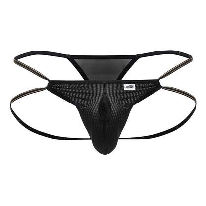 Black mesh thong candyMan 99756 fringe thong with reinforced elastic straps and central tassel detail
