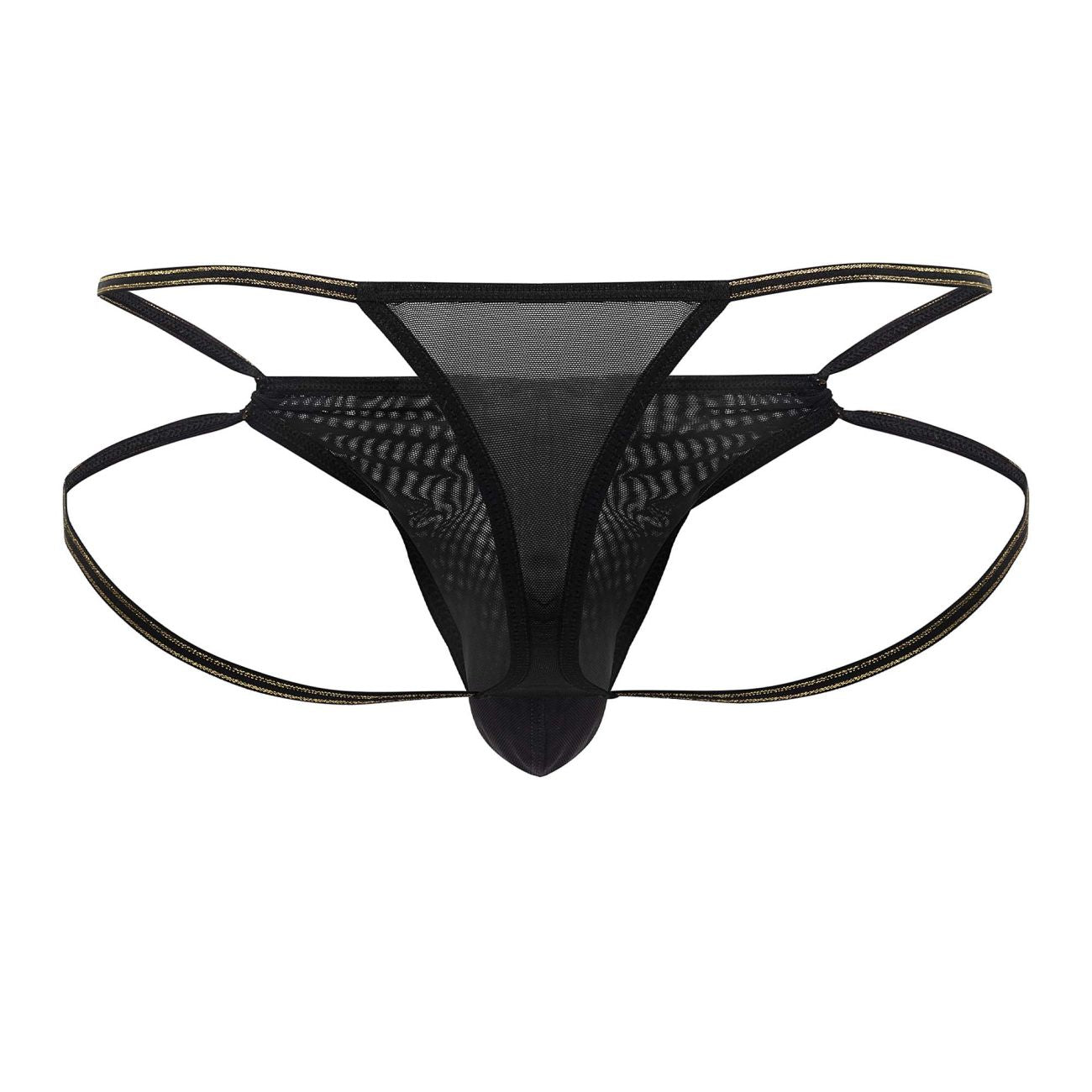 Black mesh thong candyMan 99756 with thin adjustable straps and subtle gold trim along the edges
