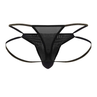 Black mesh thong candyMan 99756 with thin adjustable straps and subtle gold trim along the edges
