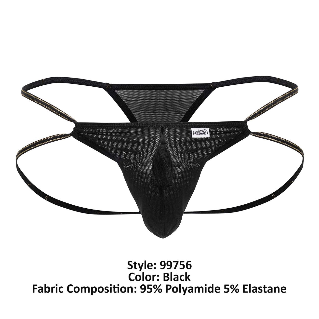 Black mesh thong with central tassel and elastic straps made from 95 polyamide 5 elastane candyman 99756 fringe thong