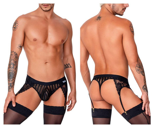 Black lace thong with matching garter belt and stockings from candyman 99766 in black shown from the back side