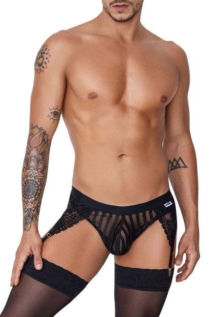 CandyMan 99766 black garter thongs featuring black lace-trimmed sheer briefs with mesh front and adjustable garter straps