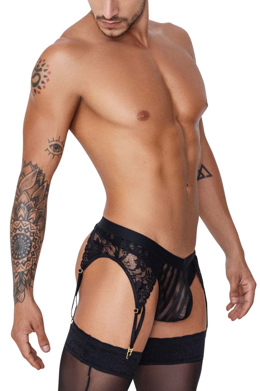 Black lace candyMan 99766 garter thongs with gold-toned hardware and matching sheer stockings in black