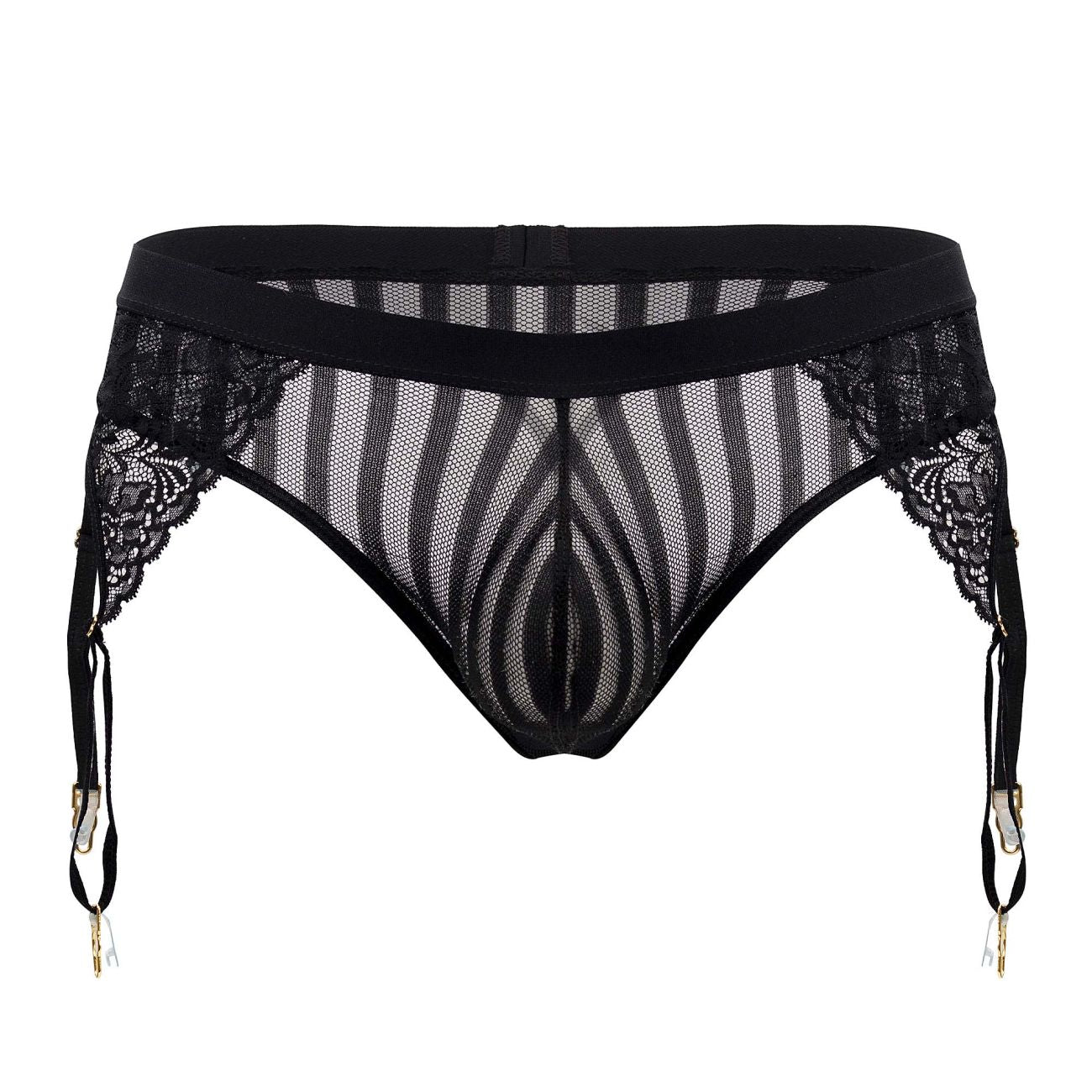 CandyMan 99766 garter thongs in black with lace-trimmed mesh, striped pattern, and gold-toned clasps