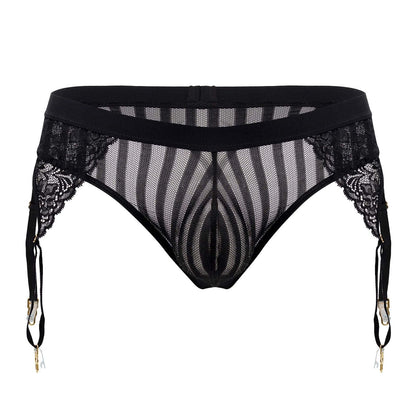 CandyMan 99766 garter thongs in black with lace-trimmed mesh, striped pattern, and gold-toned clasps