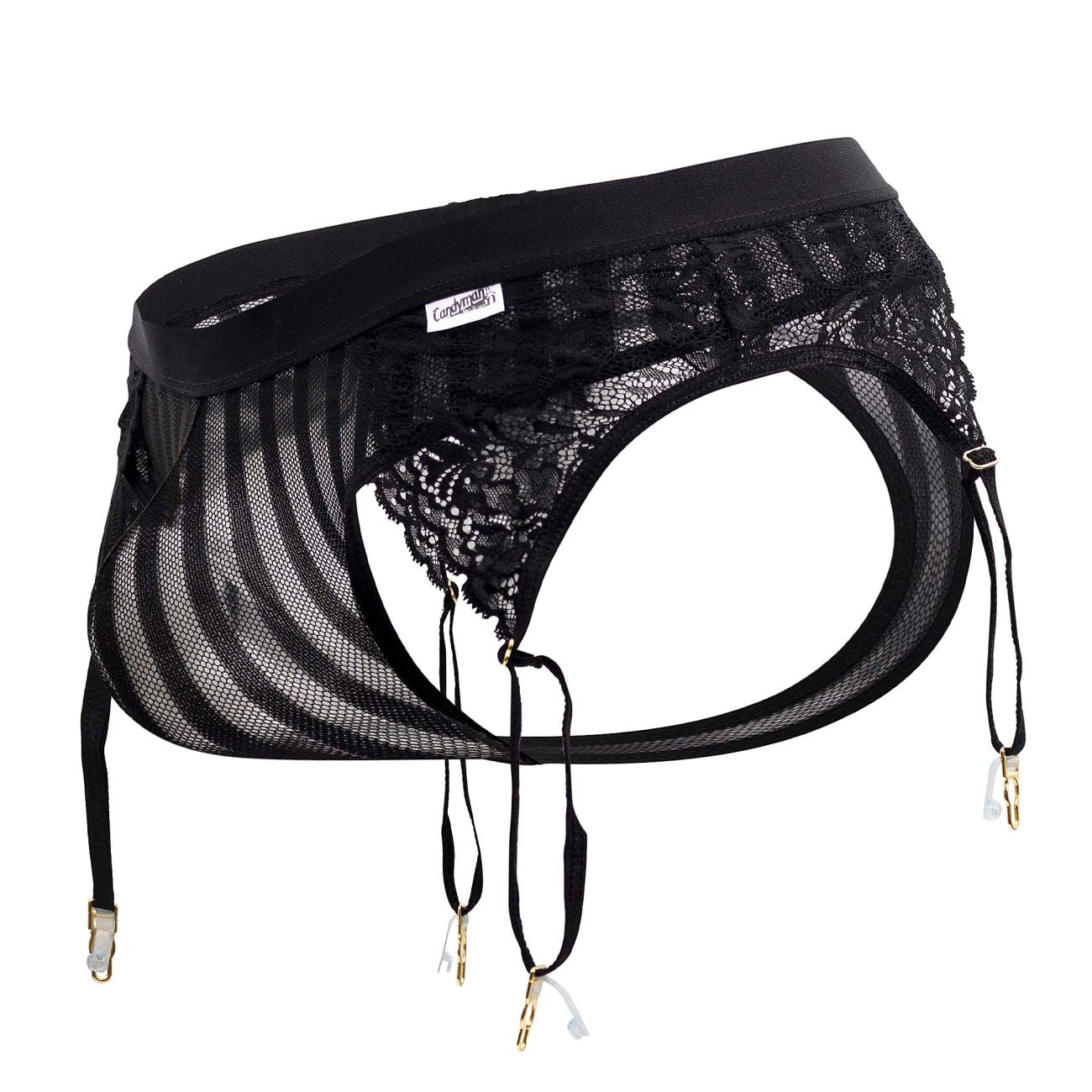 Black lace and mesh garter thong with gold toned clasps from candyman 99766 in black color