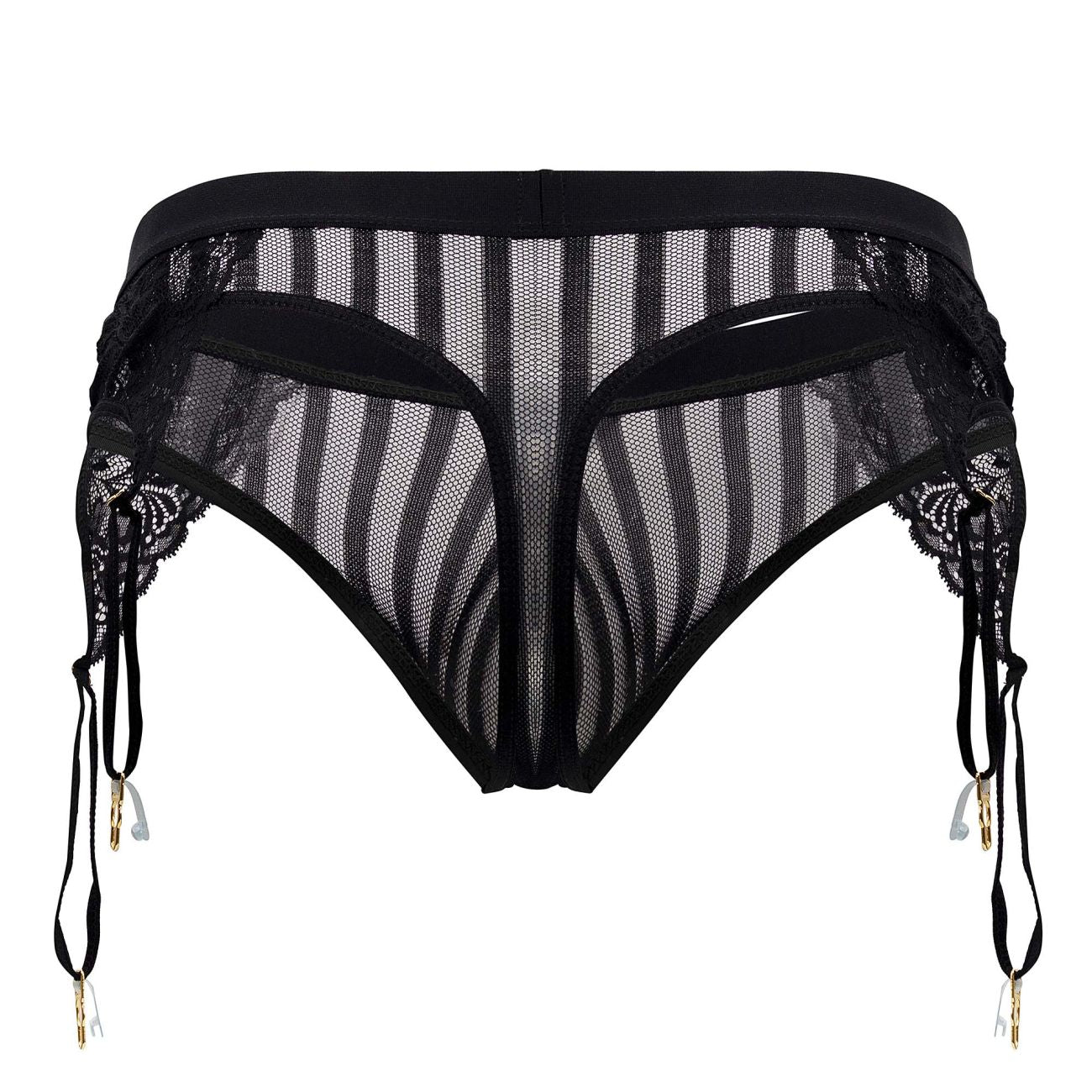 CandyMan 99766 black garter thong featuring black lace mesh with striped pattern and gold toned clips