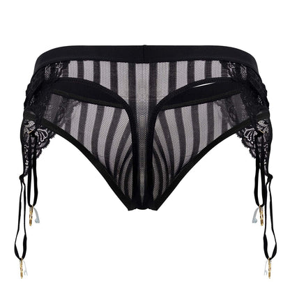 CandyMan 99766 black garter thong featuring black lace mesh with striped pattern and gold toned clips