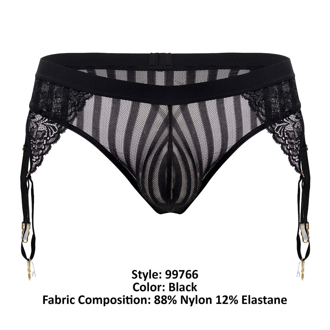 Black lace garter thongs with sheer mesh striped pattern and gold-toned clasps candyMan 99766 color black