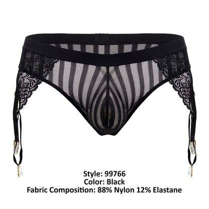 Black lace garter thongs with sheer mesh striped pattern and gold-toned clasps candyMan 99766 color black