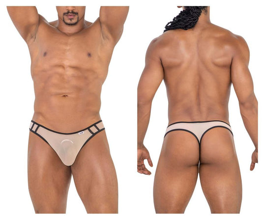 Beige candyman 99767 sports mesh thong with black trim and small logo on waistband, front view