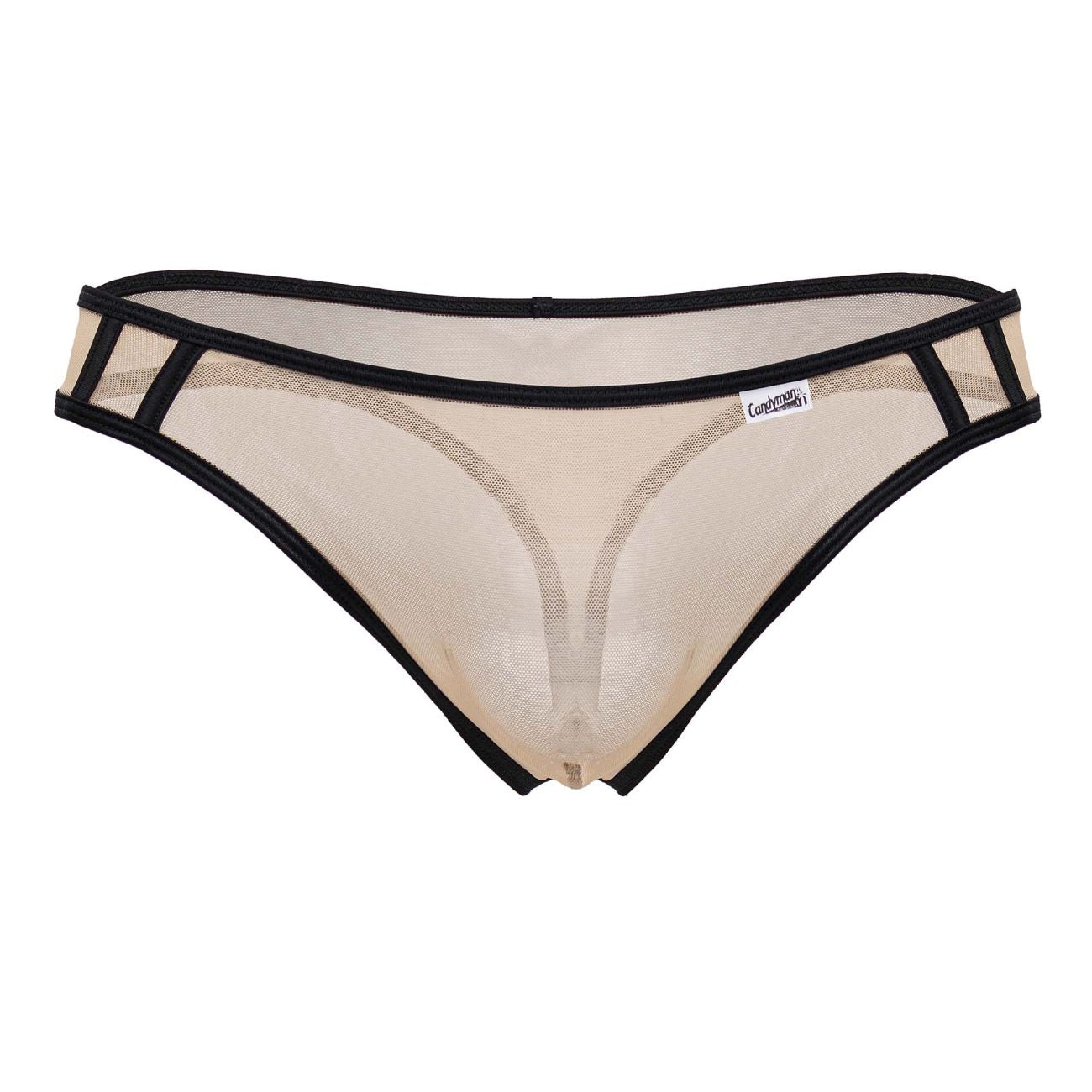 CandyMan 99767 beige sports mesh thong with black trim and small white brand tag visible on the front side