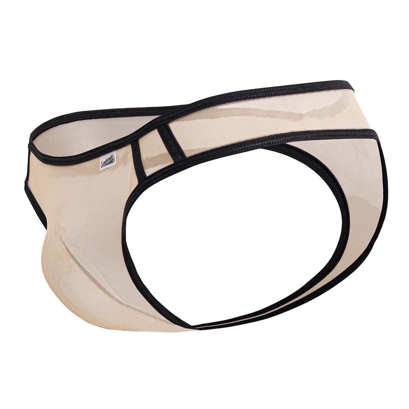 Beige CandyMan 99767 sports mesh briefs with black trim and a small brand tag made of breathable mesh material