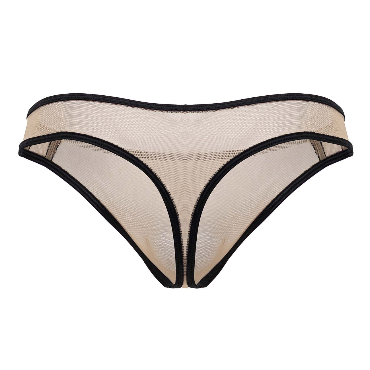 Beigе mesh thong with black trim from candyman 99767 featuring breathable sports mesh fabric and sleek design