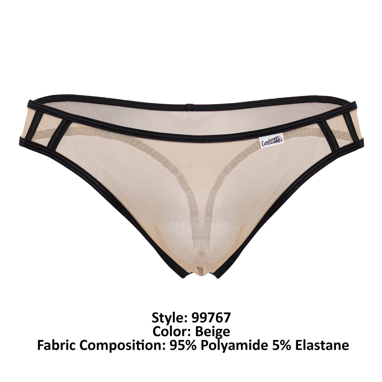 Beige mesh sports thong with black trim and small brand tag by candyman model 99767