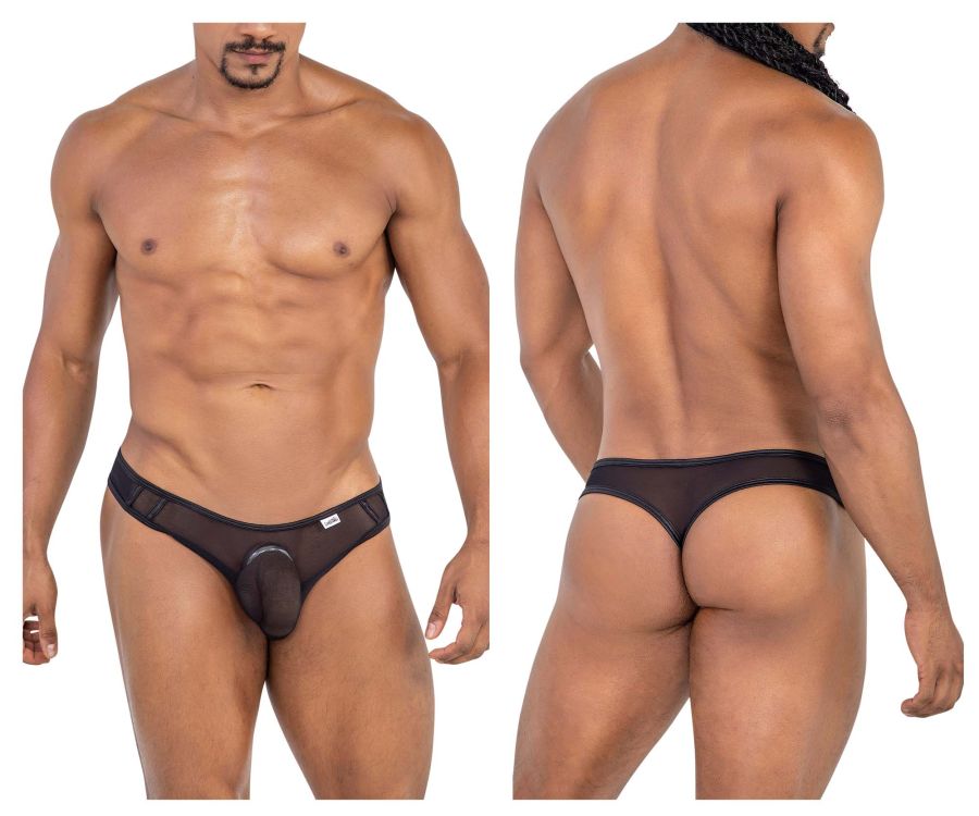Black candyman 99767 sports mesh thong with solid front panel and white logo on left hipband
