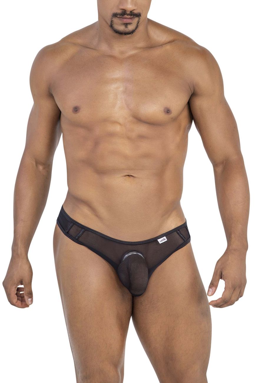 Candyman 99767 black sports mesh thongs featuring a central pouch and reinforced side panels for support