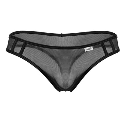 Black CandyMan 99767 sports mesh thong featuring a sleek transparent design with reinforced black trim