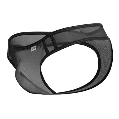 Candyman 99767 black sports mesh thongs with reinforced elastic trim showing front view