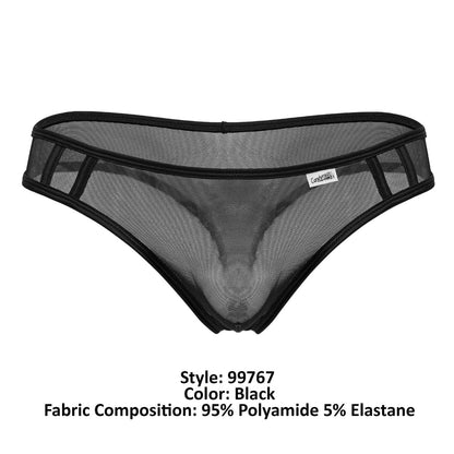Black CandyMan 99767 sports mesh briefs with elastic trim and small white brand tag made from breathable material
