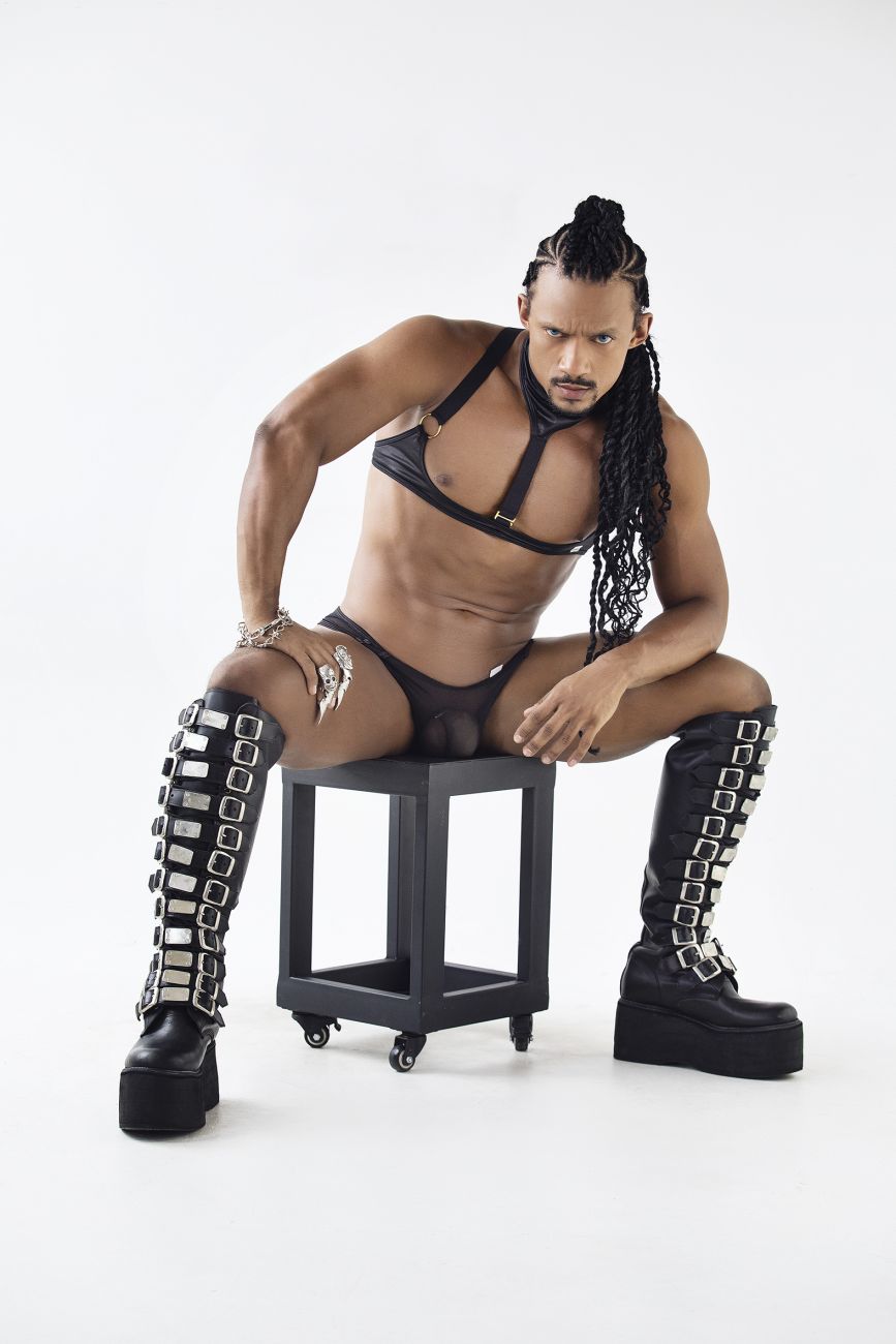 Black platform boots with silver rectangular buckles on sides matching candyman 99767 sports mesh thongs black color
