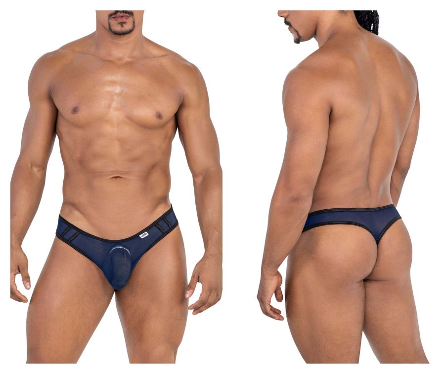Navy candyMan 99767 sports mesh thong briefs with black trim and subtle logo designed for athletic use