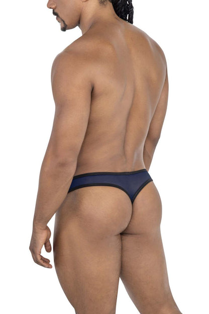 Navy blue CandyMan 99767 sports mesh thong with black trim showing the front side of the underwear