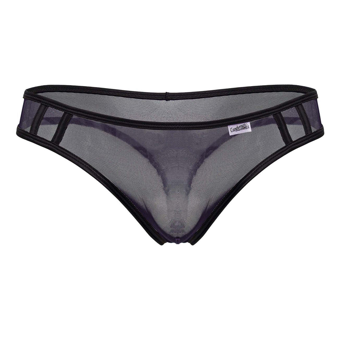 Black CandyMan 99767 sports mesh thong with reinforced trim and small brand tag in navy color, front view