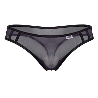 Black CandyMan 99767 sports mesh thong with reinforced trim and small brand tag in navy color, front view