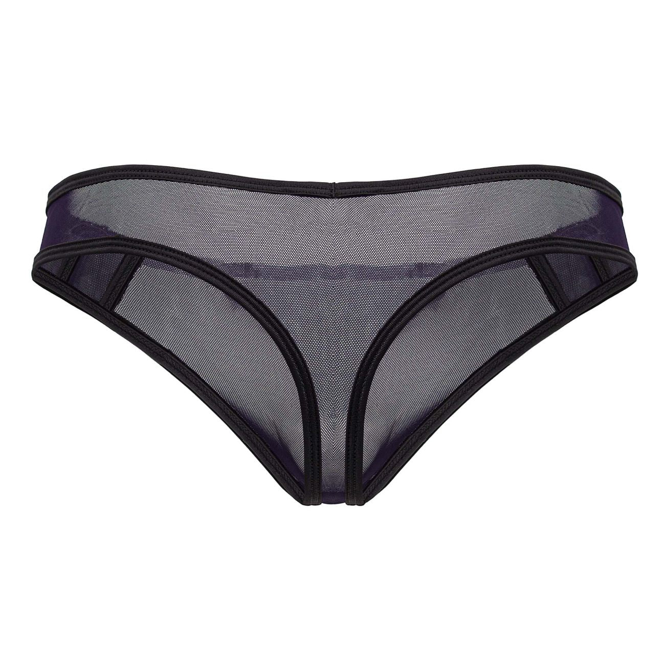 Candyman 99767 sports mesh thong in navy with black solid trim and sheer translucent fabric front view
