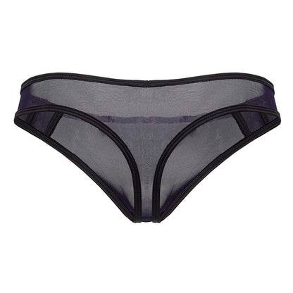 Candyman 99767 sports mesh thong in navy with black solid trim and sheer translucent fabric front view