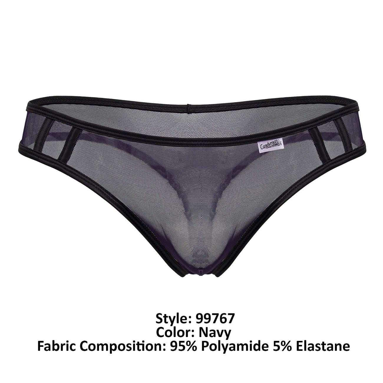 CandyMan 99767 navy sports mesh thongs with black trim and subtle brand tag showing front side