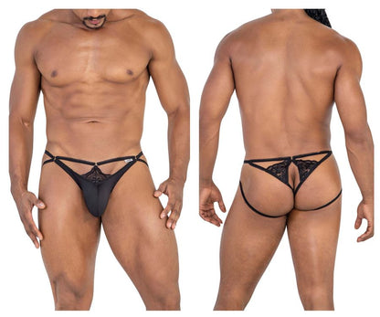 Black lace thong candyMan 99770 lace jock thongs with central decorative panel and side straps in black