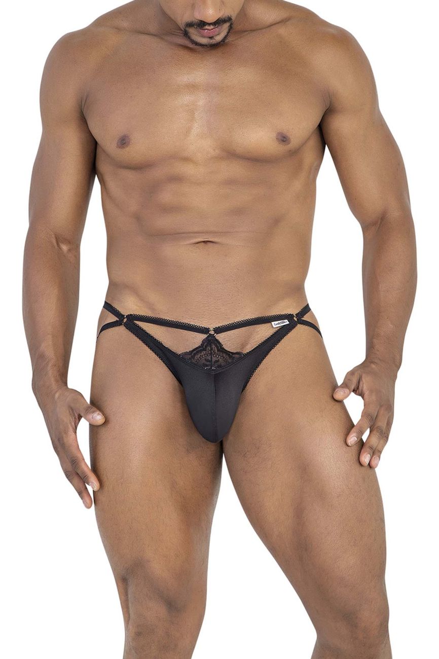 Black lace thong candyMan 99770 with decorative central design and adjustable straps in black lace material