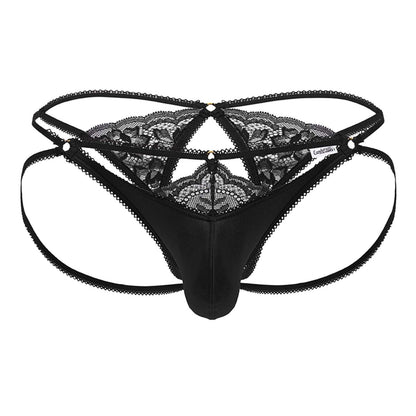 Black lace-trimmed thong candyMan 99770 with satin front panel and crisscross back straps in black shown from back
