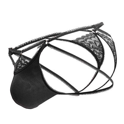 Candyman 99770 lace jock thong in black features lace trim solid front panel and crisscrossing straps for men