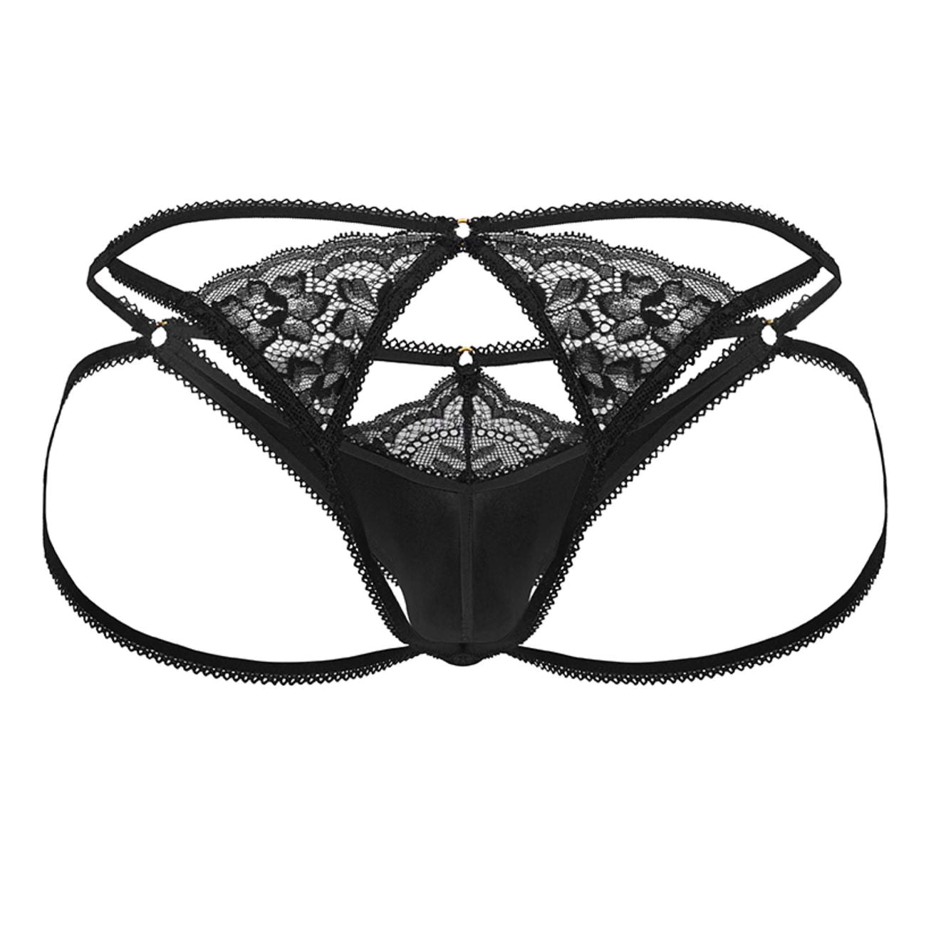 Black candyMan 99770 lace jock thong featuring intricate floral patterns and satin-like fabric visible from the back