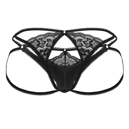 Black candyMan 99770 lace jock thong featuring intricate floral patterns and satin-like fabric visible from the back